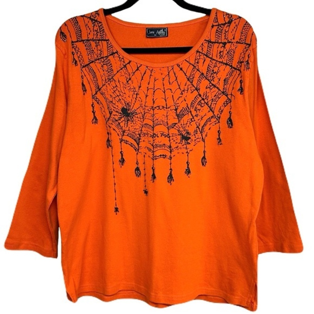 Jane Ashley 2X Orange Black Spider Web Beaded Top Halloween Whimsygoth Spooky